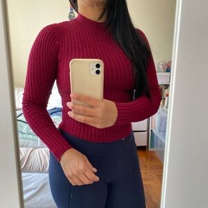 Bershka Ribbed Mock Neck Sweater Womens Small Burgundy Fitted Long Sleeve Top